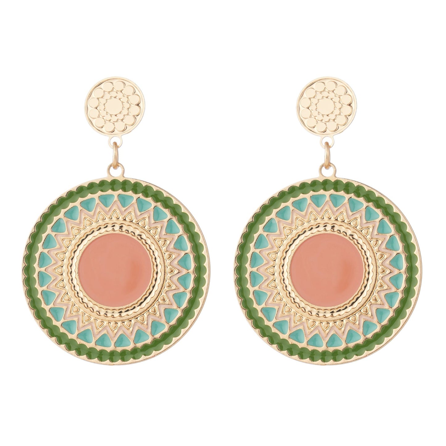 Pair of earrings with gold, green, and pink design on a white background