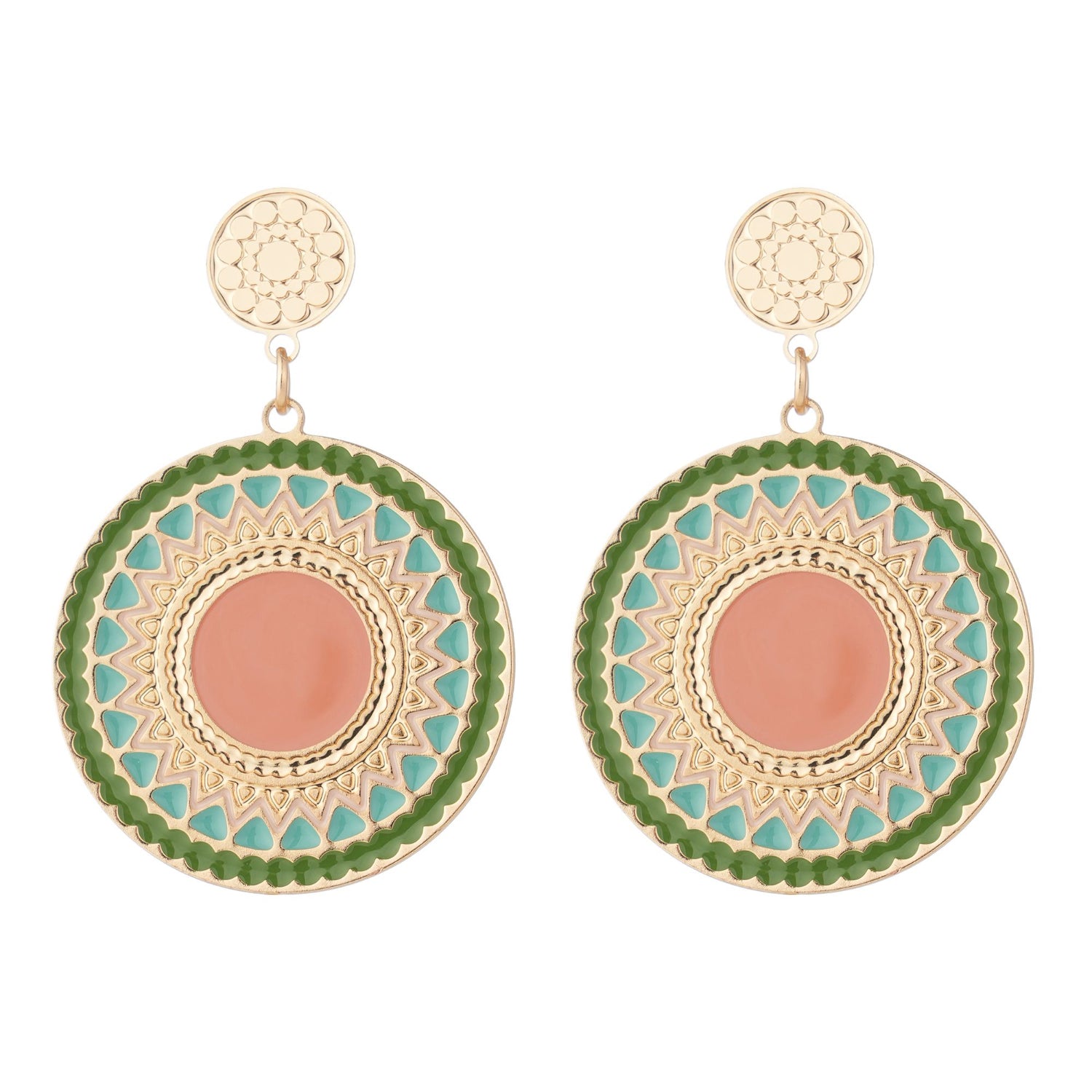 Pair of earrings with gold, green, and pink design on a white background